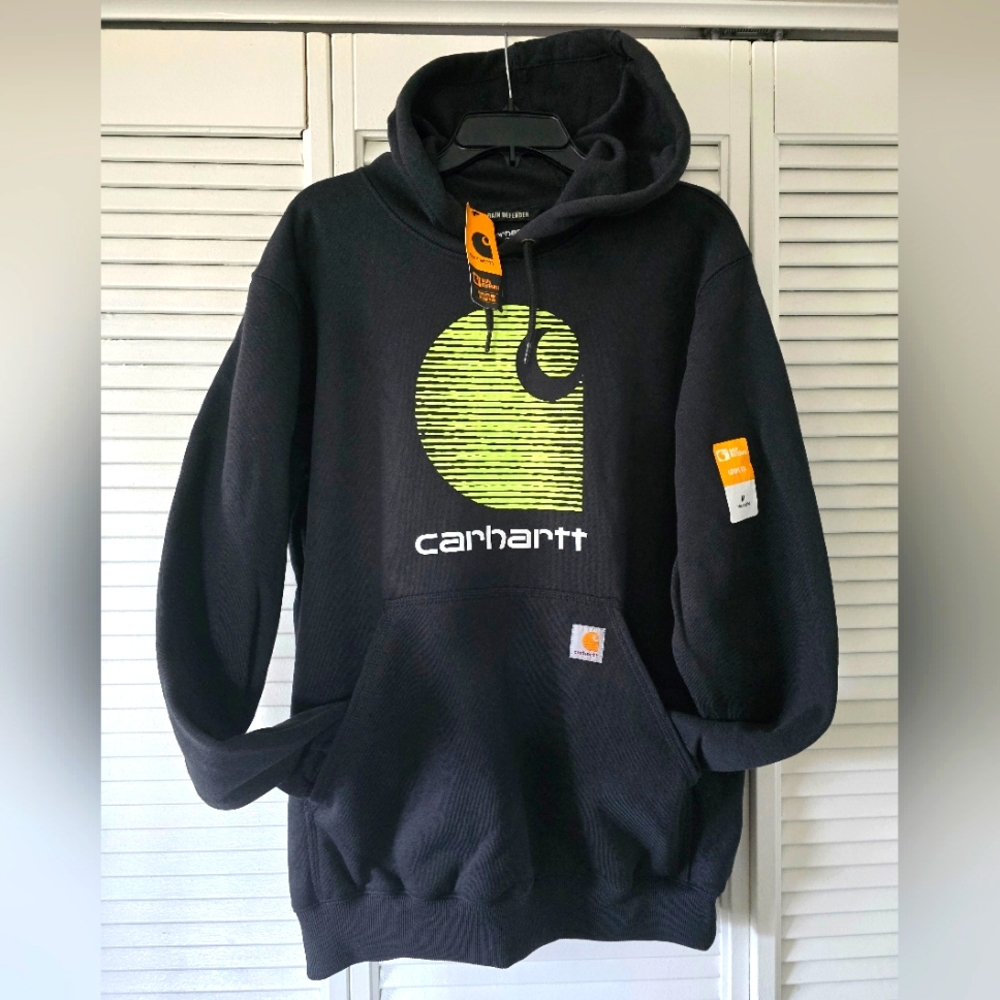 NEW! Carhartt Mens Rain Defender Loose Fit Midweight C Logo Hoodie Black Medium